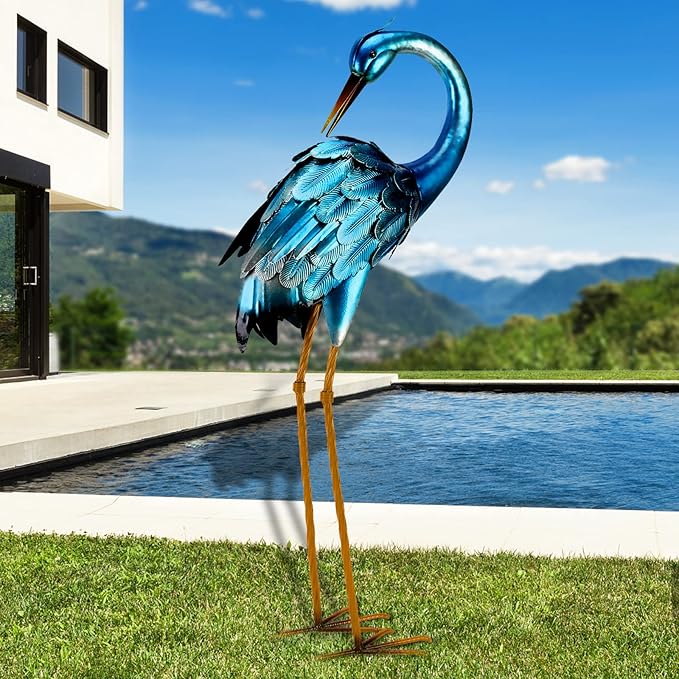 chisheen Metal Crane Garden Statue, Blue Heron Sculpture Yard Art, Large Heron Decoy, Bird Statues, Lawn Ornaments for Backyard Pond Patio Porch Outside Decorations