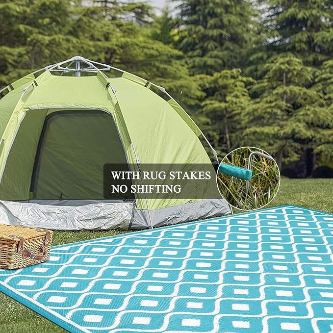 Pauwer Waterproof Outdoor Rug 9x12, Reversible Plastic Straw Patio Camping Rug, Indoor Outdoor RV Mat Carpet for Deck, Camper, Porch, Balcony, Backyard, Picnic, Geometric Teal