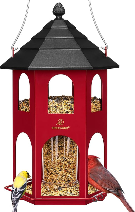 Kingsyard Metal Bird Feeder for Outdoor Hanging, Wild Bird Feeders with Circular Perch, Easy to Clean & Refill, 4 lbs Large Seed Capacity, Red