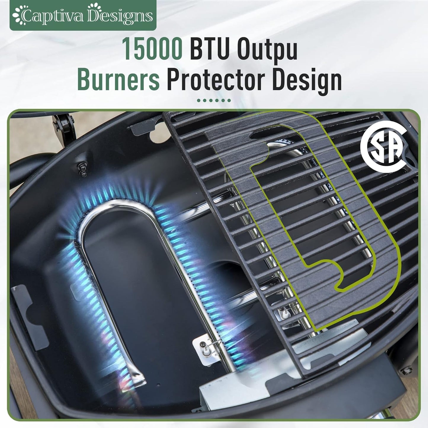 Captiva Designs Portable Propane Grill, 15,000 BTU Output TableTop Liquid Gas Grill with 2 Stainless Steel Burners, 275 sq.in. Cooking Area with Side Tables