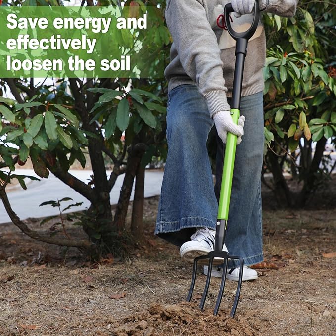 GARDENWORK Garden Fork,Pitchfork for Garden Digging Compost Spading,4-Tines Pitch Fork with Steel Handle and Strengthen Fork Head 45inches (with Protective Gloves)