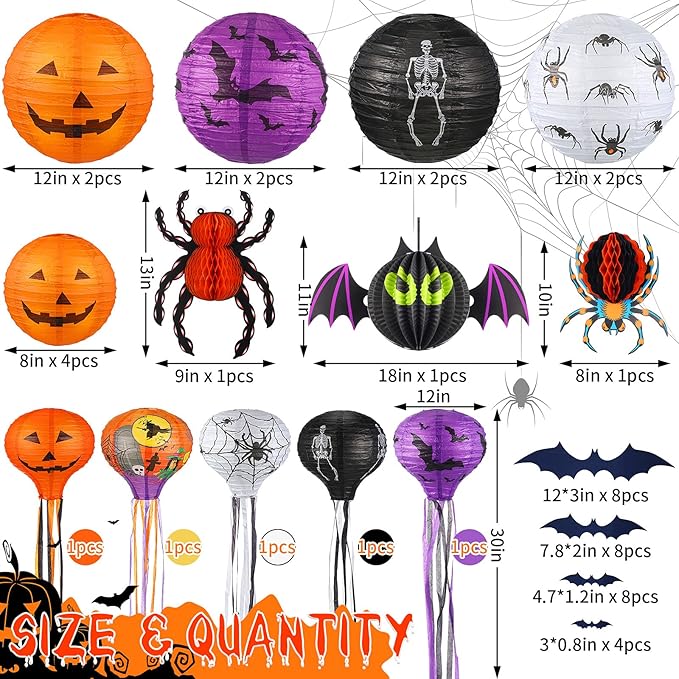 48 Pieces Halloween Decorations Paper Lanterns Pumpkin Skeleton Paper Lanterns 3D Bat Wall Stickers Spider Wall Hanging for Halloween Party Garden Bedroom Cobwebs Indoor Outdoor, 12 Inch and 8 Inch