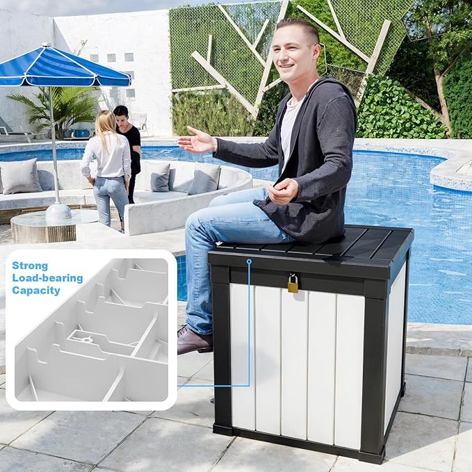 50 Gallon Outdoor Deck Box,Storage Lockable Waterproof Patio Furniture,Garden Tools,Cushions,Pool Accessories Outside Storage Resin Box(SM Black&White)