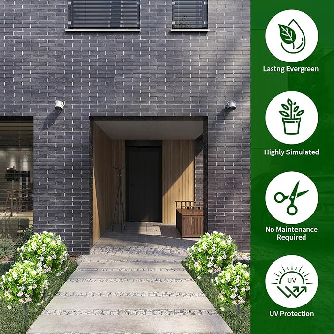 23.6" Artificial Boxwood Topiary Ball Trees with White Flowers, Set of 2 UV Resistant No Fade Outdoor Faux Plants with Ground Spike, Fake Shrubs for Garden, Patio, Porch, Yard, Indoor Decor