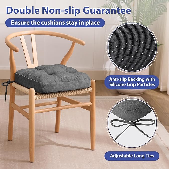 Chair Cushions for Dining Chairs, Dining Chair Cushions, Tufted Indoor Chair Pads with Ties & Non Slip Backing, Seat Cushions for Kitchen Chairs 16.5” x 16.5” x 3.5”, Set of 4, Grey