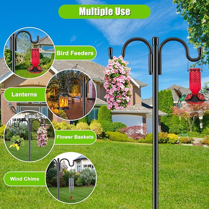 Gtongoko Double Shepherds Hook for Outdoor, 108 Inch Heavy Duty Bird Feeder Pole 3/4 Inch Thick Garden Hooks for Hanging Hummingbird Feeder, Plant Baskets, Solar Light Lanterns, 1 Pack