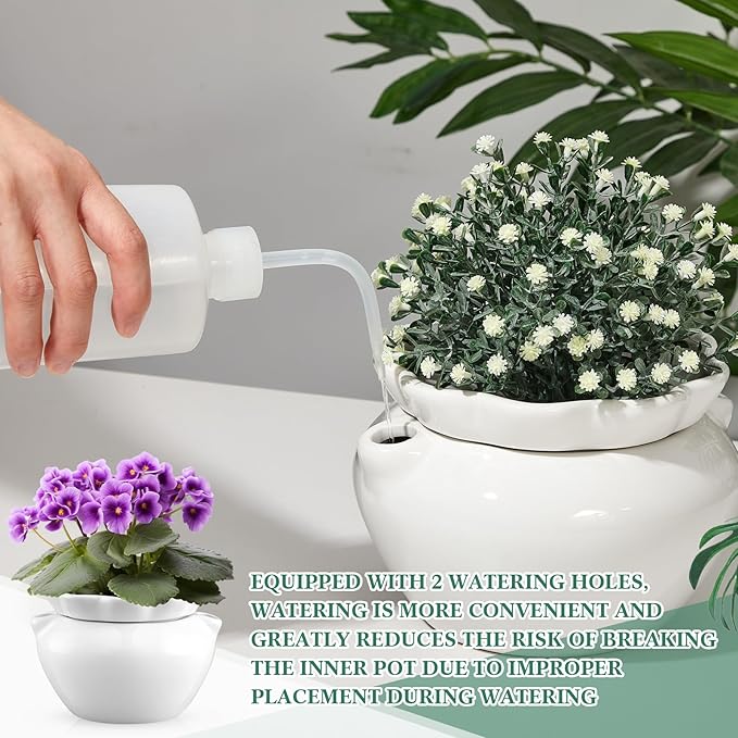 4 Set 6 Inches African Violet Pots Self Watering White Ceramic Pot for Indoor Plants, Flowerpot with Highly Absorbent Inner Pot for Busy Plant Lovers,Plant Care