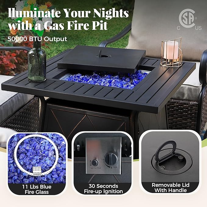 Patio Furniture Set with Fire Pit Table, 5 Pcs Metal Outdoor Conversation Set, 4 Rocking Chairs with 5.75" Extra Thick Cushion and 28" Fire Pit Table for Backyard Deck, Navy Blue