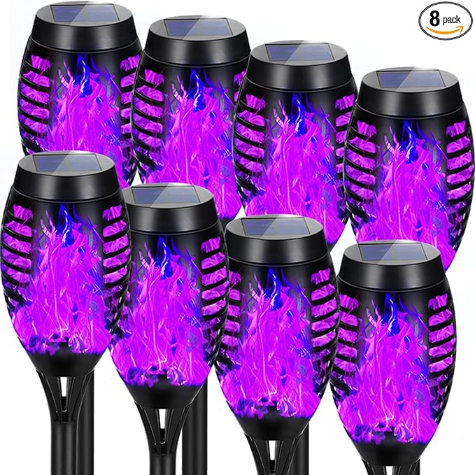 8 Pack Solar Torch Lights Outdoor Waterproof - Purple Flickering Flame, Outdoor Solar Garden Lights for Yard, Tiki Torches for Outside Patio Pathway Decorations