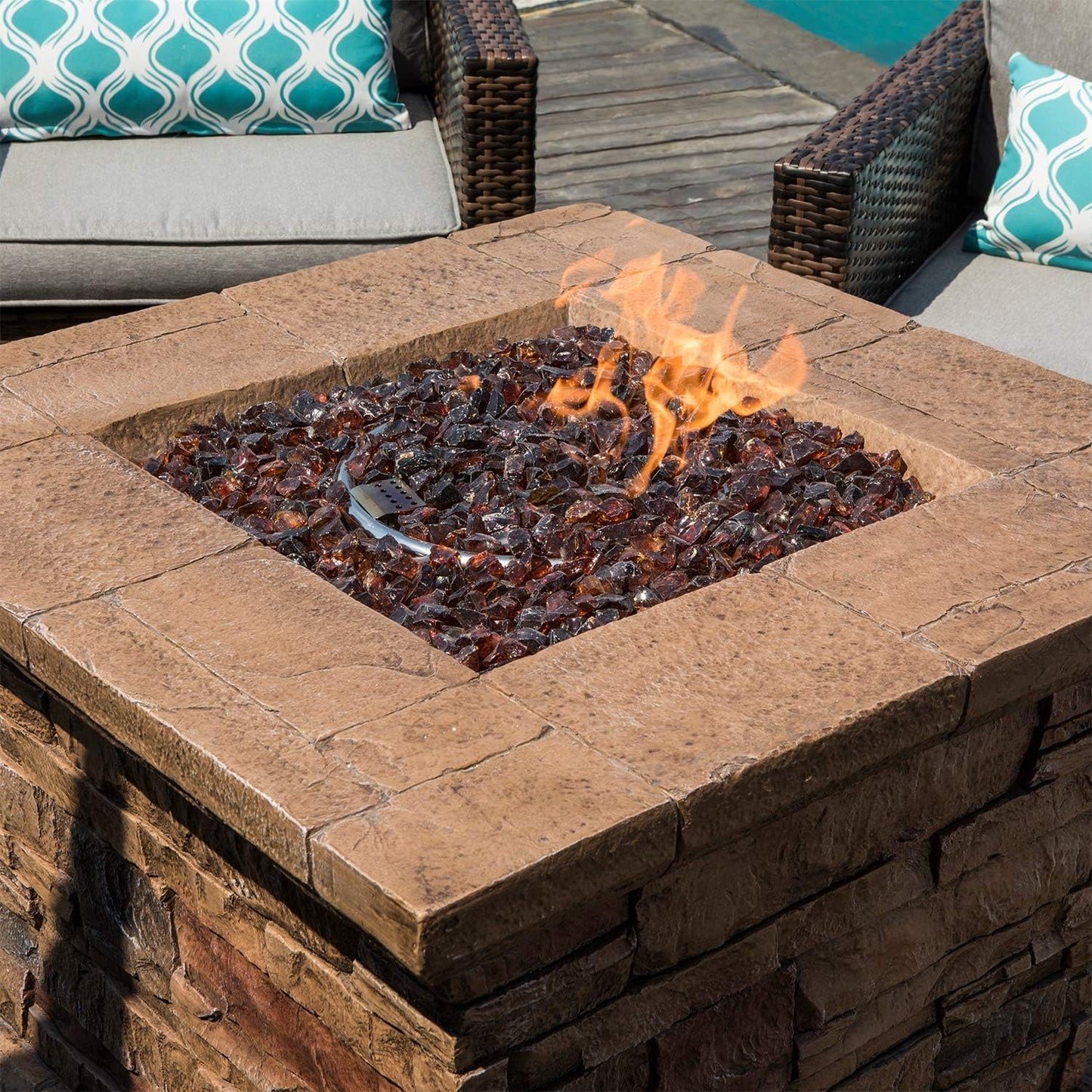 COSIEST 5-Piece Faux Brown Propane Fire Pit Outdoor Furniture Brown Chairs, Warm Gray Wicker Thick Cushion Sofa w 32-inch Square Propane Fire Table (50,000 BTU) for Garden, Pool, Backyard