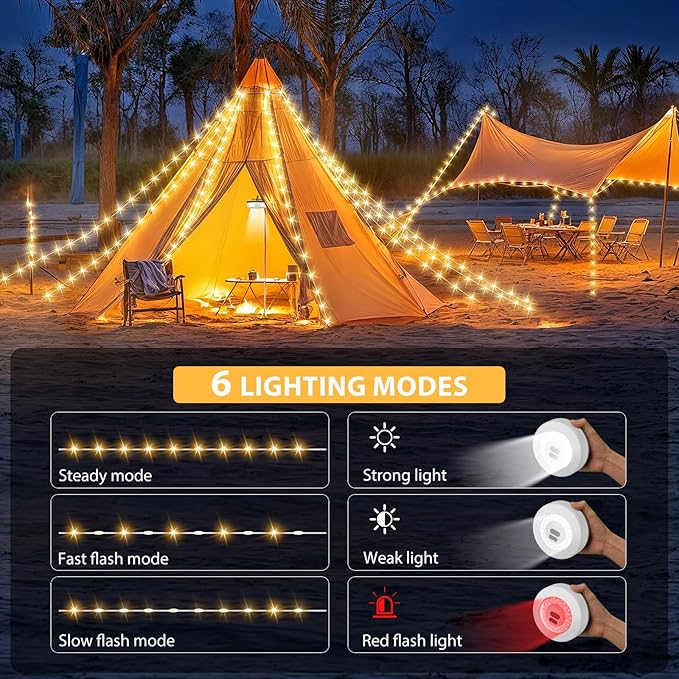 Camping String Lights, 4 in 1 Quick Storage 32.8FT Rechargeable Tent Lights with 6 Modes Hanging Waterproof Camp Lamp Camping Essentials for AwnTent Hiking Yard Garden Bedroom Festival -Warm White