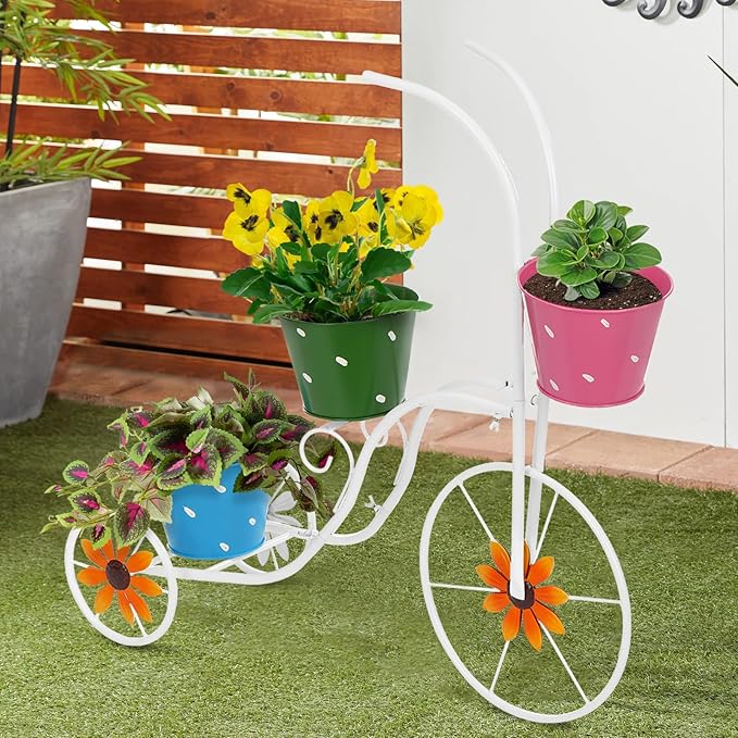 BAYN Bicycle Planter Stand, Metal Flower Pot Cart Holder Tricycle Planter with 3 Plant Bucket Outdoor Decorative for Patio, Deck, Garden, Lawn