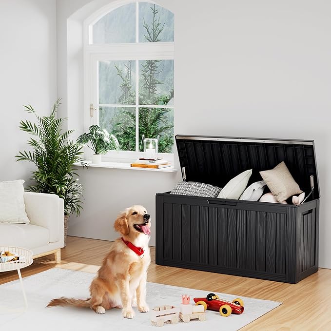 80 Gallon Outdoor Storage Box Waterproof Lockable Resin Deck Box Large, Patio Storage Bin for Pool Accessories Cushion Furniture, Garden Tools, UV-Resistant Outside Delivery Black