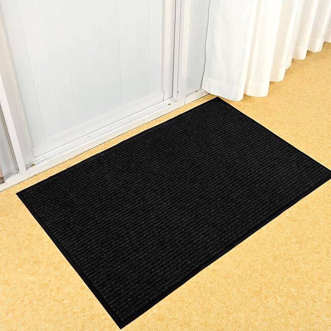 fani Heavy Duty Large Outdoor Indoor Entrance Doormat Waterproof Low Profile Entrance Rug Front Door Mat Patio Anti-Skid Rubber Back, 35x60 inch (Jet Black)