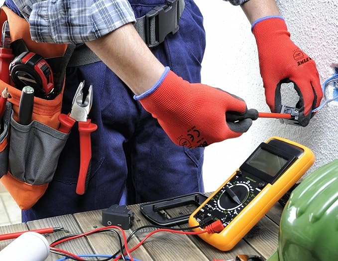 DULFINE Safety Work Gloves PU Coated-12 Pairs,Red Seamless Knit Glove with Polyurethane Coated Smooth Grip on Palm & Fingers, for Men and Women, Ideal for General Duty Work (Medium)