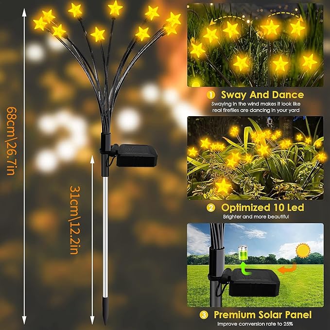 4 Pack Star Solar Firefly Lights, 10 LED Garden Lights,Solar Swaying Lights,Outdoor Waterproof Firefly Path Lights for Pathway Yard Walkway Patio Decoration, Warm White