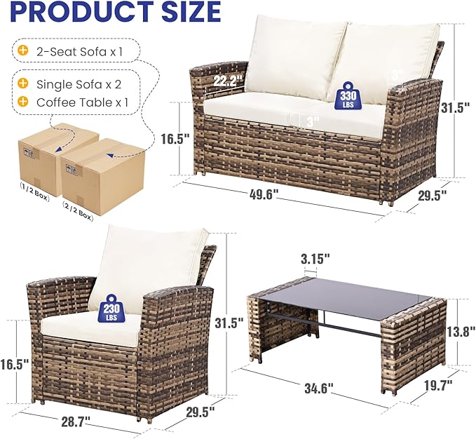 4 Piece Outdoor Patio Furniture Set,Wicker Conversation Sets Outdoor Sectional Patio Sofa Couch with Cushions & Coffee Table for Outside, Garden, Balcony, Porch,Yellow/Beige