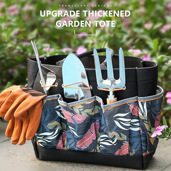 Gardening Tools 9-Piece Heavy Duty Gardening Hand Tools with Fashion and Durable Garden Tools Organizer Handbag,Rust-Proof Garden Tool Set, Ideal Gardening Gifts for Women