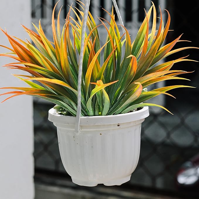 16Pcs Artificial Grass Fake Plants 17.3in Outdoor Plastic Plants UV Resistant Greenery Fake Grass for Home Window Garden Office Patio Hanging Planter Pathway Front Porch Décor Orange Yellow