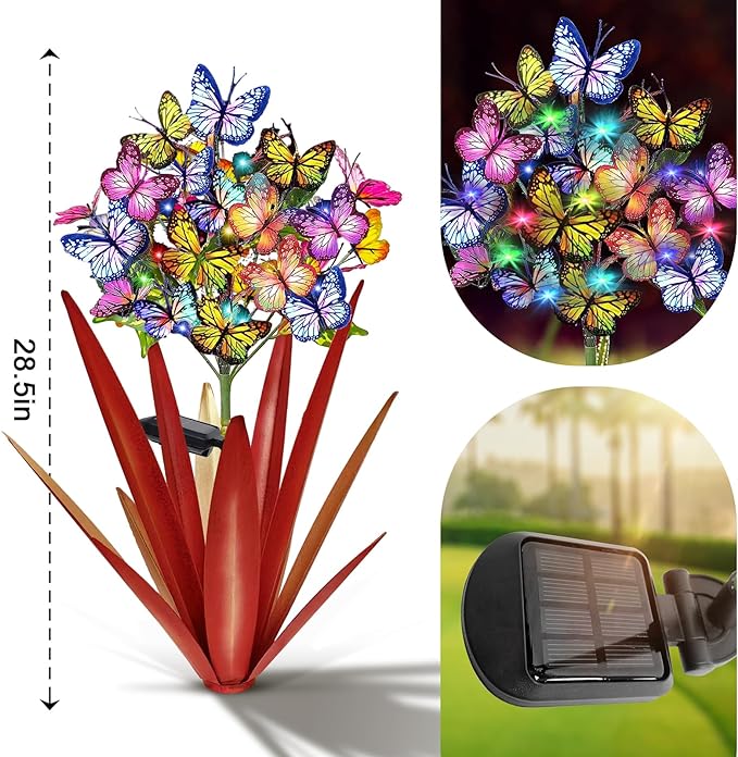 Homight Solar Metal Agave Butterfly Flower Stick Garden Sculpture - Outdoor Christmas Lights, Swaying Solar Lights Gift (2 PCS RED)