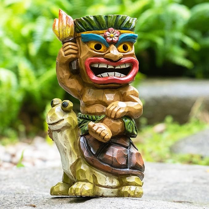 Solar Tiki Statue Light-Garden Turtles Outdoor Decor - Tiki Man Riding Turtle with Tiki Torch Solar Light for Tiki Bar Decorations, Patio, Balcony, Yard,Lawn,Gifts