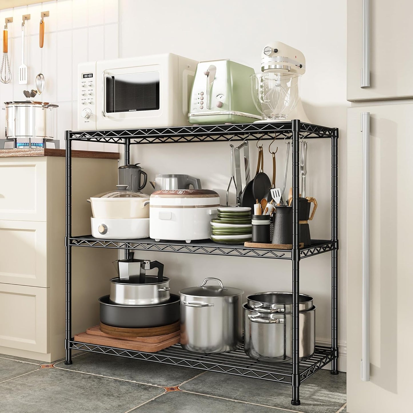 3- Shelf Metal Shelving Unit 35.6Wx14Dx36H Adjustable Storage Shelves Heavy Duty Garage Shelving Steel Wire Shelving for Laundry Bathroom Kitchen Pantry Closet Garage Black