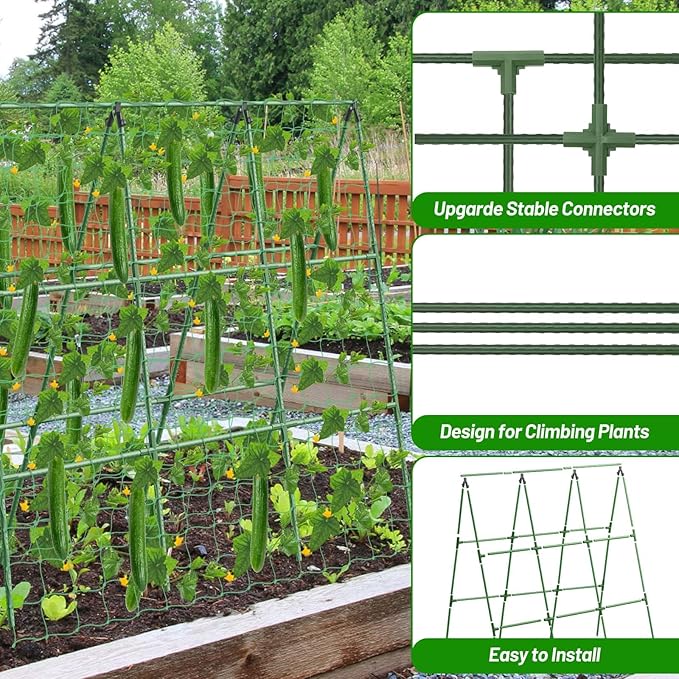 Cucumber Trellis for Garden, 45 x 53 Inches A Frame Outdoor Greenhouse Trellis with 46 Gallon Fabric Raised Bed, Climbing Net and Plant Support Clips for Climbing Plants