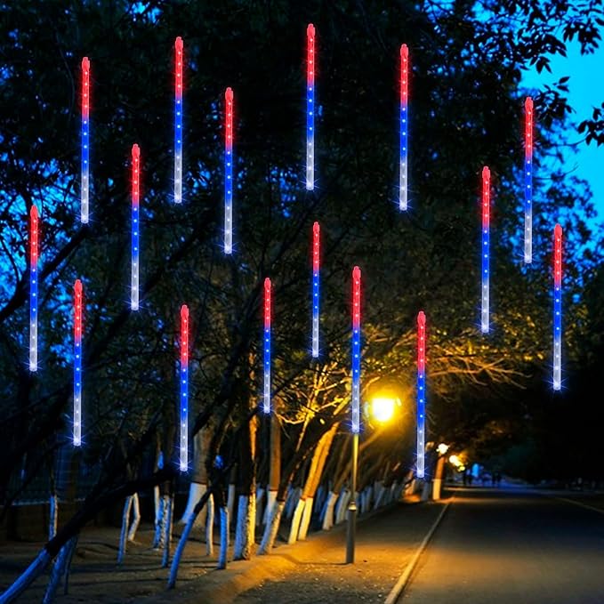 Dazzle Bright 4th of July Lights Decorations, 288LED Red Blue and White Meteor Shower Rain Lights 12Inch 8 Tubes, Waterproof Plug in Falling Rain Light Independence Day for Outdoor Yard