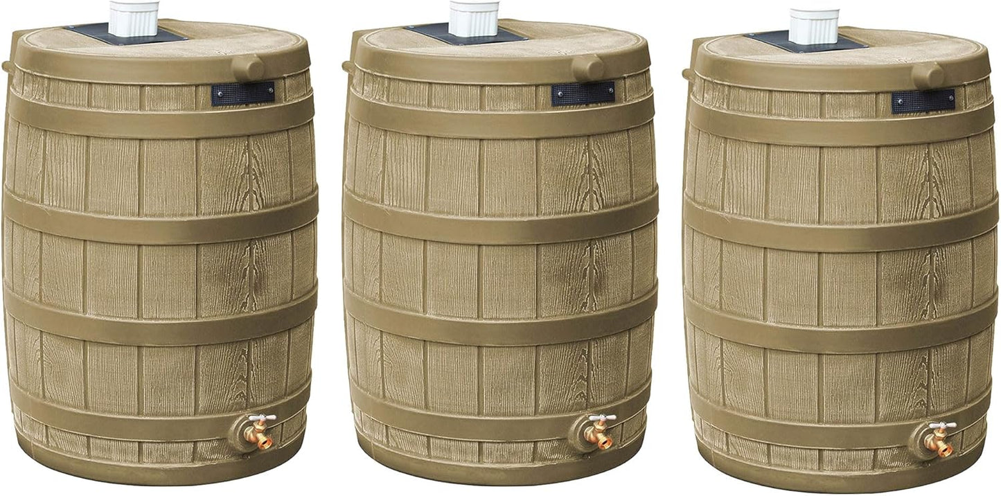Good Ideas Rain Wizard 50 Gallon Plastic Outdoor Home Rain Barrel Water Storage Collector with Brass Spigot and Flat Back Design, Khaki (3 Pack)