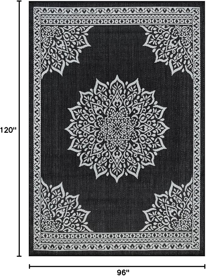 CAMILSON Outdoor Rug, 8x10 Medallion Black White Modern Area Rugs for Indoor and Outdoor Patios, Kitchen and Hallway Mats, Washable Porch Deck Outside Carpet (Medallion Black, 8 x 10)