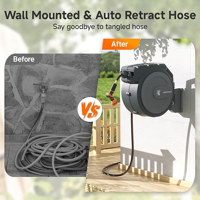 Giraffe Tools Hose Reel 1/2‘’ 78 ft, Heavy Duty Retractable Garden Hose Reel with Any Length Lock, Slow Return System, Wall Mounted and 180 Deg Swivel Bracket