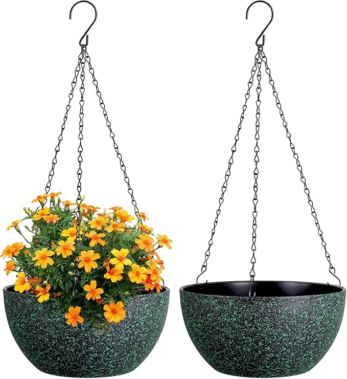 8 inch Small Hanging Planters for Indoor Outdoor Plants, 2 Pack Hanging Flower Pots with Drainage Holes and Chain, Plastic Hanging Baskets for House Plants, Black with Green Speckles