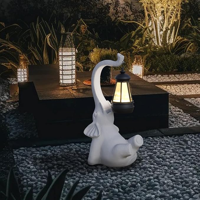 Statue Decoration, Figurine, Lawn Statue, Sculpture Ornament, Animal Figurine - Elephant Resin Statue with Lantern (Hand-JD Face Upward-JD)