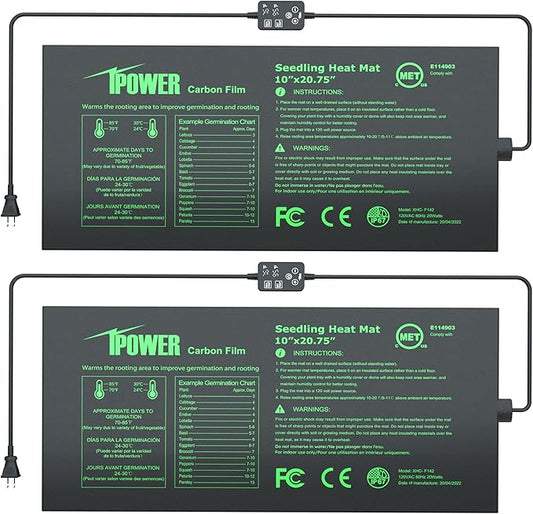iPower 2-Pack Seedling Heat Mat for Plants with Dual Digital Temperature Controller, MET Certified Heating Pad, 10" x 20.75", Black