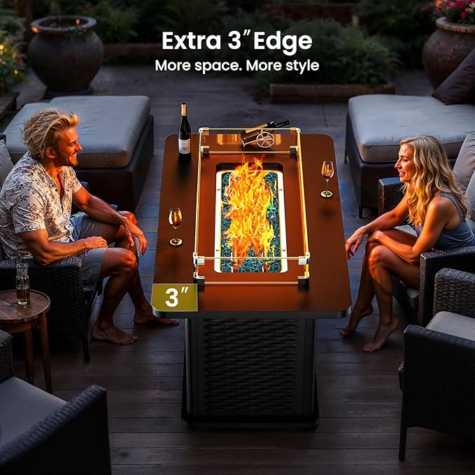 Ciays 43-Inch Rectangular Propane Fire Pit with 60,000 BTU Output, Fire Pit Table Premium Gas for Outside Patio with 304 Stainless Steel H-Burner, Glass Stones, and Wind Guard,Black