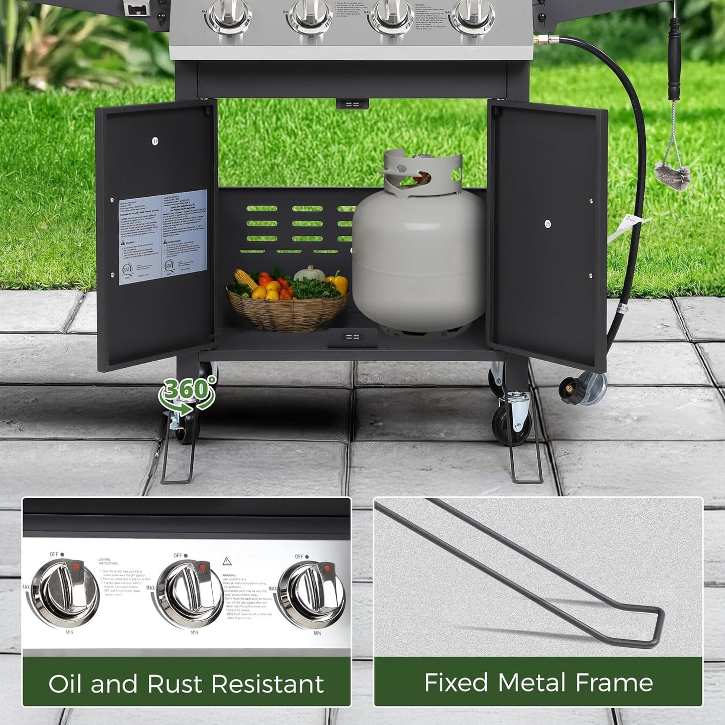 4-Burner Propane Gas BBQ Grill with Wheels, 40,000 BTU Output Stainless Steel Barbecue Grill for Backyard & Outdoor Cooking Easy Assembly, Foldable Side Tables & Spice Rack (Dark Black)