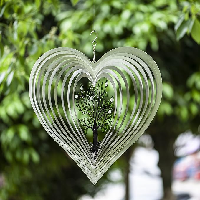 Heart Wind Spinners with Crystals for Yard and Garden, Metal Ornaments for Garden Décor, Outdoor Wind Spinner, Heart Décor Gifts, Outdoor Garden Decoration, 12 inch Heart Wall Décor by ISEO