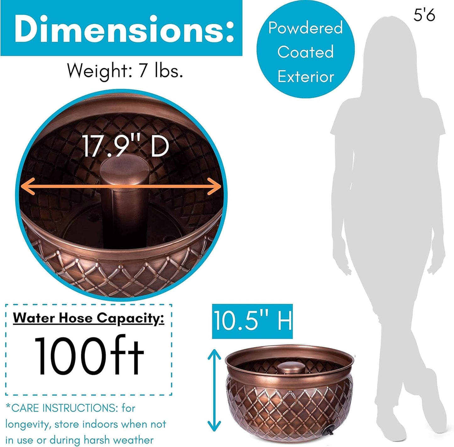 BIRDROCK HOME Water Hose Holder - Decorative Metal Pot, Indoor or Outdoor, Garden Storage Organizer, Patio Portable Bucket - Embossed Steel w/ Copper Accents, Holds up to 100ft Hoses