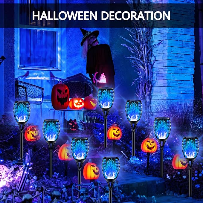 4PCs Halloween Solar Torch Lights Outdoor, 43in 96 LED, Waterproof Landscape Garden Pathway Light with Blue Vivid Dancing Flickering Flames, Auto On/Off Dusk to Dawn for Halloween Lights Decoration