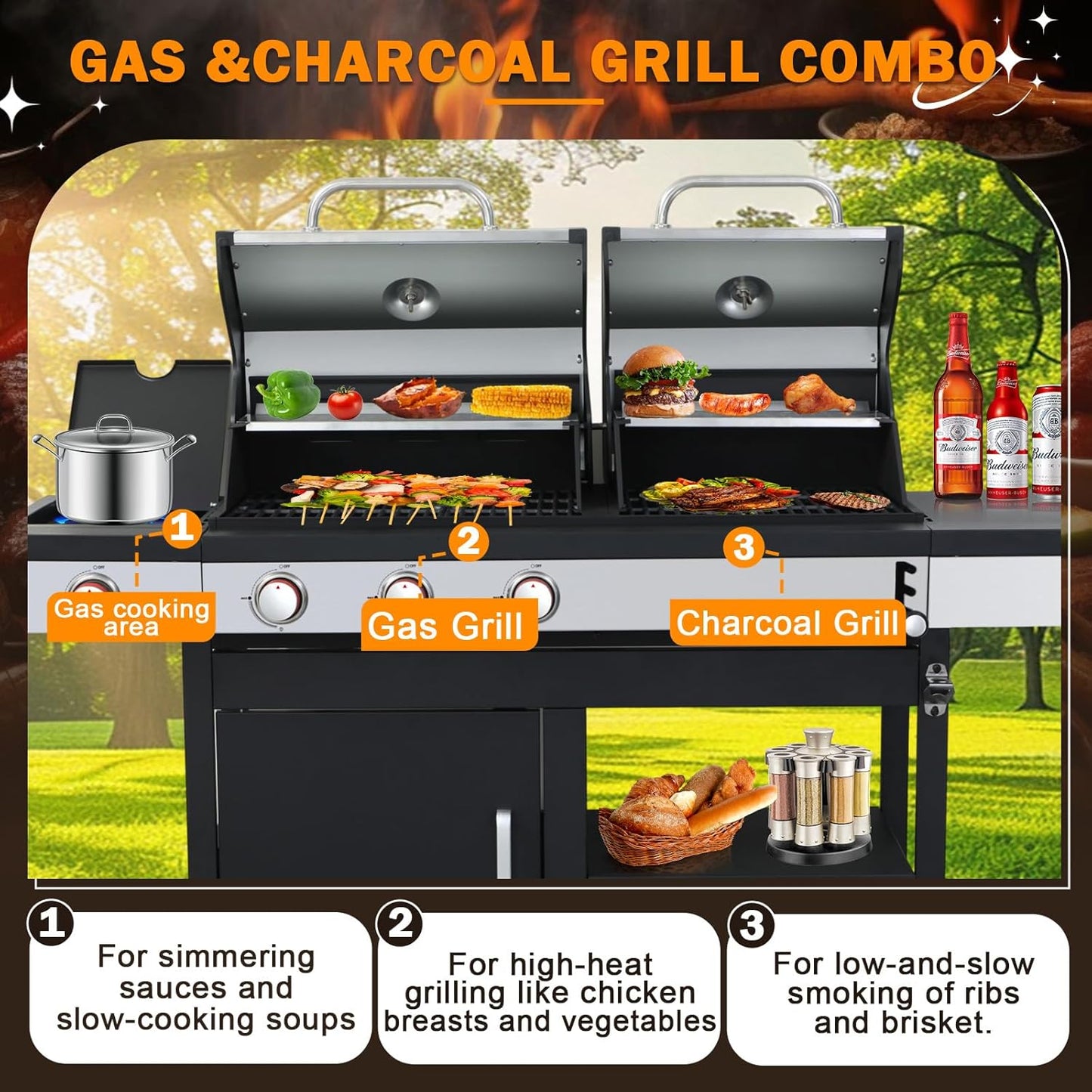 3-Burner Gas and Charcoal Combo Grill with Griddle Plate, 37,230 BTU, Stainless Steel & Enameled Grates, Side Burner + Storage Cabinet for Backyard, Tailgating, Teppanyaki