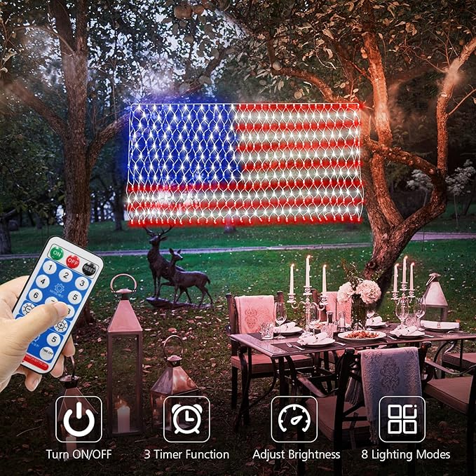 DBFAIRY Solar American Flag Lights Outdoor,420 LEDs American Flag Net Lights 6.5ft x 3.28ft Super Bright,Memorial Day Decorations of The United States for Independence/National/Memorial Day,July 4th