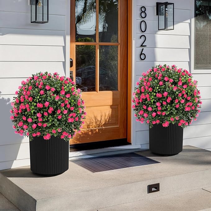 Artificial Pink camellia Topiary Ball Tree 25" with Ground Spike, Set of 2 Artificial Boxwood Bushes for Faux Shrubs, Fake Evergreen Faux Plant for Indoor Outdoor Garden -UV Resistant–Fade-Proof