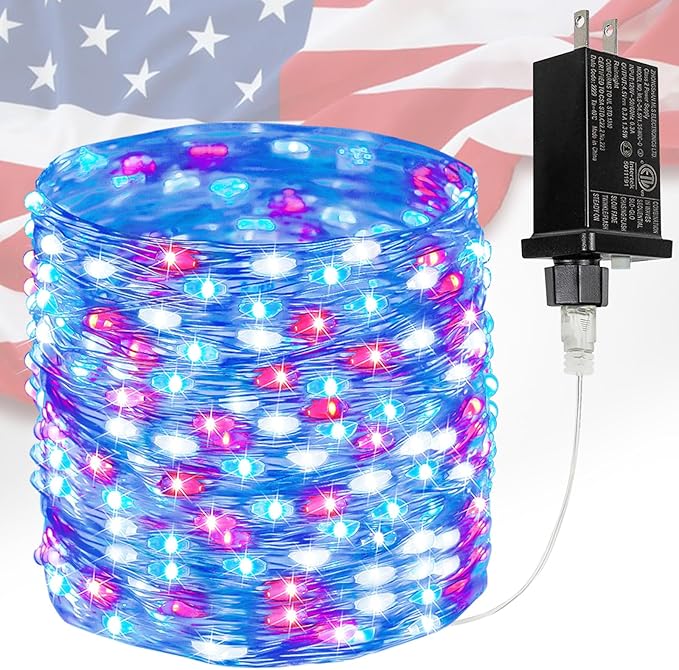 66Ft 200 LED Fairy Lights Plug in, July 4th Patriotic Waterproof String Lights with Timer for Indoor and Outdoor 8 Modes, Red White Blue American Flag Twinkle Lights for Independence Day, National Day