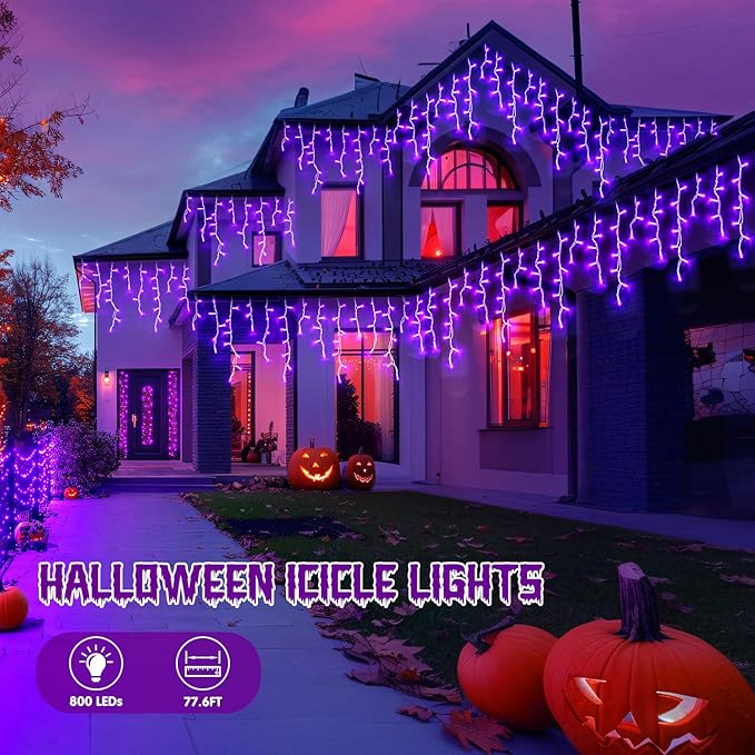 JMEXSUSS 800 LED Purple Icicle Lights Outdoor, Purple Icicle Christmas Lights Indoor Plug in with Remote, Purple Christmas Lights for Outside Fireplace Eave Yard Christmas Decor