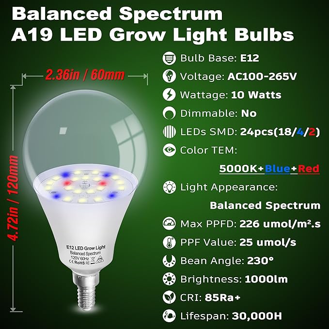 E12 Candelabra Grow Light Bulbs for Indoor Plants Full Spectrum,Small Base Grow LED Lamp Bulb 10W with Balanced Spectrum 5000K Red Blue for Seeds Greens Laboratory,School,Greenhouse, Hydroponic,3Pack
