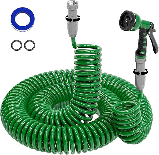 3/8" Lightweight Coil Garden Hose 100FT, EVA Flexible Curly Water Pipes with 6-Pattern Spray Nozzle for Boat, Greenhouse, Yard, Patio, Green