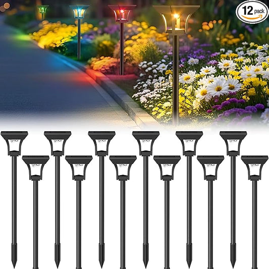 CINOTON 12 Pack RGBCW Solar Pathway Outdoor Lights, 3 Lighting Modes Solar LED Garden Lights, IP65 Waterproof Outside Solar Powered Landscape Lighting for Planter Lawn Pool Balcony RGB/Warm/Cold White