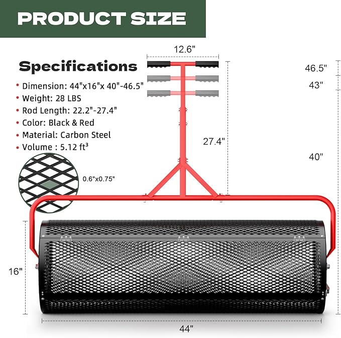 Compost Peat Moss Spreader for Lawn, 44 Inch Compost Roller Spreader with Adjustable T-Shaped Handle, Upgraded Side Clasps, Durable Lightweight Metal Roller, Lawn Garden Yard Care