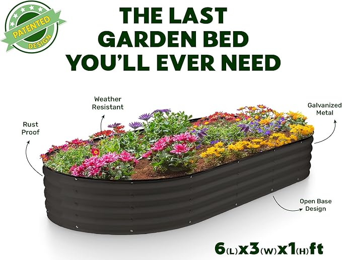 Galvanized Raised Garden Beds Outdoor // 6×3×1 ft Planter Raised Beds for Gardening, Vegetables, Flowers // Large Metal Garden Box // Patented Tool-Free Design (Black)