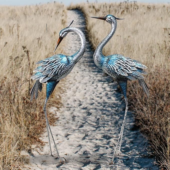 Crane Decor Statues, Blue Heron Garden Statues Metal Yard Art Outdoor Decoy, Garden Sculptures & Statues for Yard/Lawn/Pond/Outdoor Decoration, Set of 2
